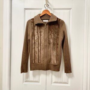 Vintage Collared Faux Fur Wool Knit Sweater Jacket Brown